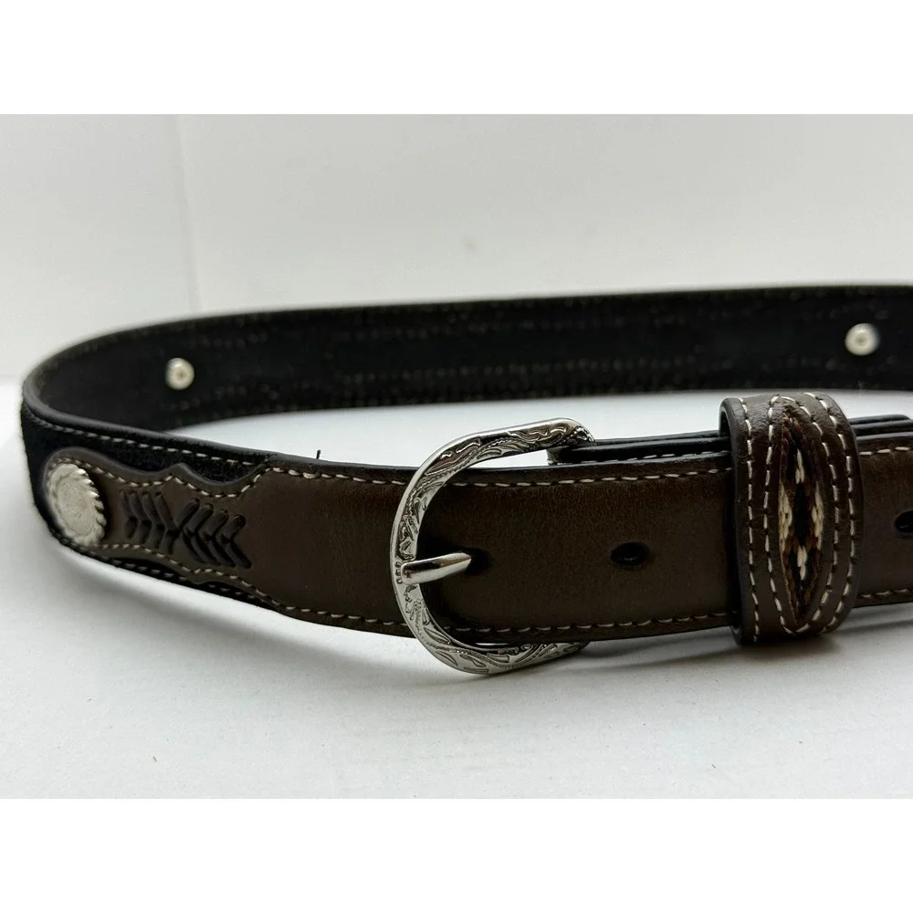Nocona Belt Co Brown Leather Western‎ Horsehair Inlay Concho Belt SZ 28 N441580